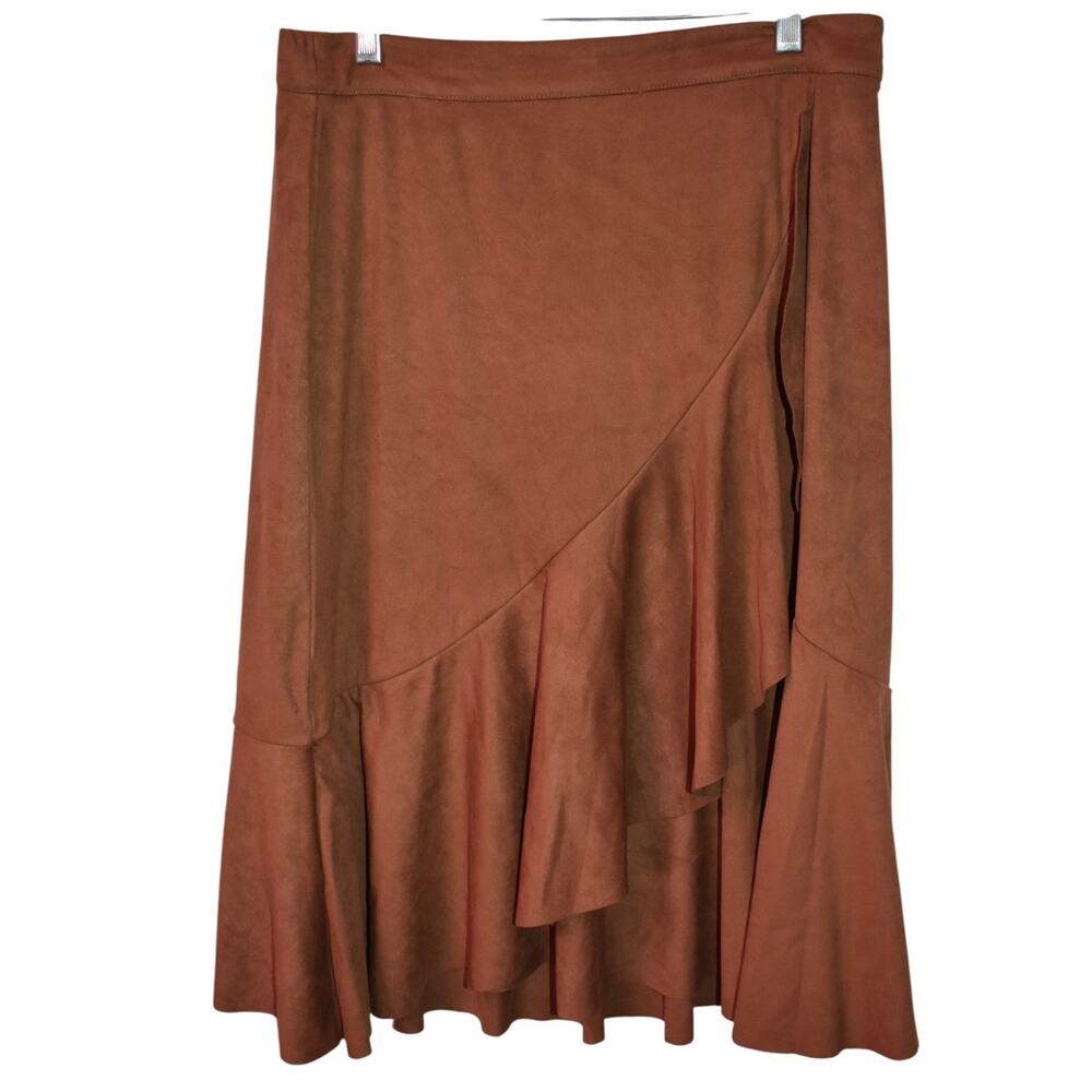 Soft Surroundings Faux Suede Midi Skirt Ruffled Tier Brown Western Sz M Petite